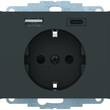Toma schuko con usb a+c 16a 250v ac con protección infantil, conexión por tornillo series berker k.x