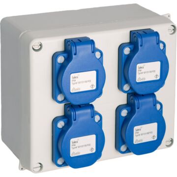 Caja estanca montada 165 x 135 x 70 mm con 4 bases schuko 2p+t, 16a, 250v~, ip54.