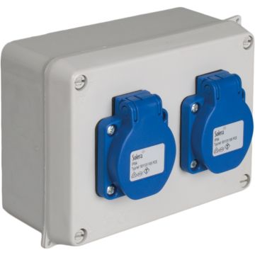 Caja estanca montada 153 x 100 x 65 mm con 2 bases schuko 2p+t, 16a, 250v~, ip54.