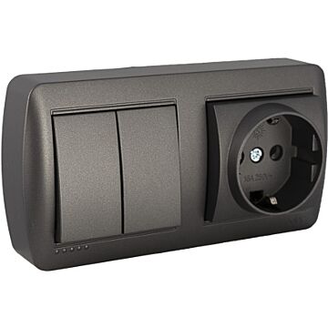 Base fija 2p+t, 16a 250v~ + doble conmutador / interruptor 10ax 250v~. de superficie.