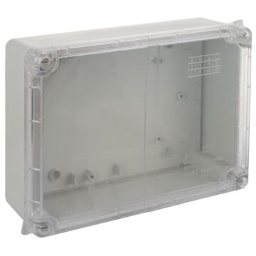 Caja estanca de conexión 220 x 170 x 80 mm sin conos. color gris y tapa transparente.