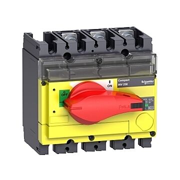Interruptor seccionador compact inv100, ruptura visible, 100 a, con mando rotativo rojo y frontal amarillo, 3 polos