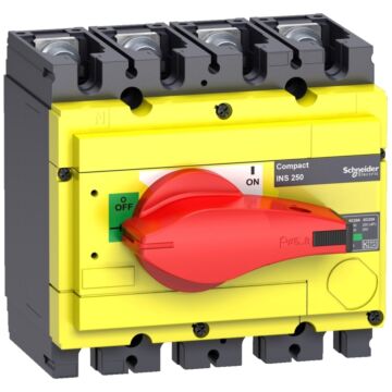 Interruptor seccionador compact ins250-160, 160a, con mando rotativo rojo y frontal amarillo, 4 polos