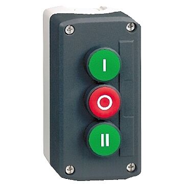 Estación de control, plástico, tapa gris oscuro, 3 pulsadores rasantes ø 22 verde/rojo/verde