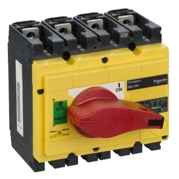 Interruptor seccionador compact ins250, 250a, con mando rotativo rojo y frontal amarillo, 4 polos