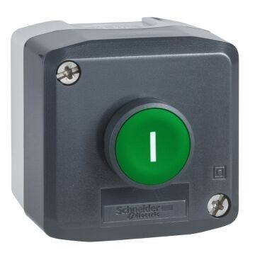 Estación de control, plástico, tapa gris oscuro, 1 pulsador verde rasante ø 22, retorno por resorte, marcado i, 1 na + 1 nc