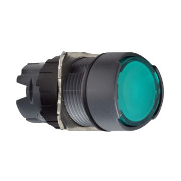 Cabeza pulsador luminoso verde rasante ø 16, retorno por resorte, 12…24 v