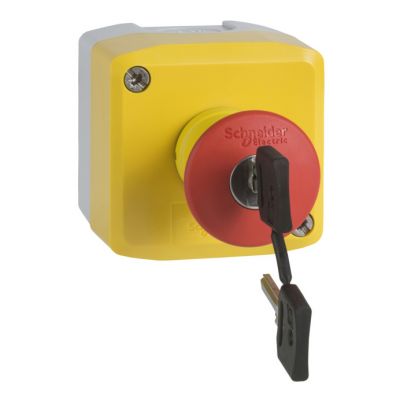 Estación de control, plástico, tapa amarilla, 1 pulsador de seta rojo ø 40, liberación de llave, 2 nc
