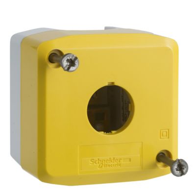Harmony XALD, XALK - Caja vacía, plástico, tapa amarilla para pulsador ø 22, 1 orificio