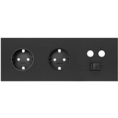 Kit front para 3 elementos con 2 bases de enchufe schuko y 1 toma r-tv+sat única con 1 conector rj45 negro mate simon 100