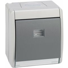 Pulsador monobloc ip55 10ax 250v~ con luminoso incorporado y sistema de embornamiento rápido gris simon aqua