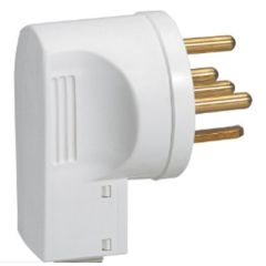 Clavija 20a, 3p+n+t. 380v. con salida lateral y con abrazadera de cable. especial exportación. color blanco