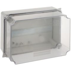 Caja estanca de conexión 220 x 170 x 140 mm sin conos. color gris y tapa transparente. con perfil din.