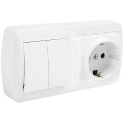 Base fija 2p+t, 16a 250v~ + doble conmutador / interruptor 10ax 250v~. de superficie.