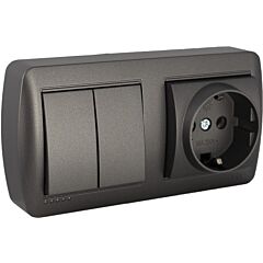 Base fija 2p+t, 16a 250v~ + doble conmutador / interruptor 10ax 250v~. de superficie.