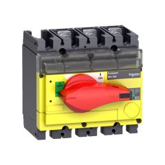 Interruptor seccionador compact inv250, ruptura visible, 250 a, con mando rotativo rojo y frontal amarillo, 3 polos