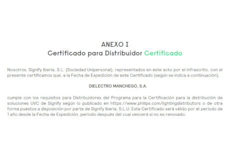 Dielectro Manchego obtiene el certificado para la distribución UV-C de Signify